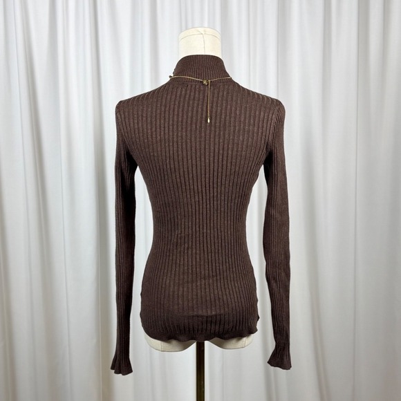 Ribbed Turtleneck Sweater Brown Good Button Shoulder Long Sleeve Fitted Top - Picture 4 of 4